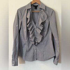 White House Black Market | Black and White Pin Striped Ruffle Shirt - Size 12